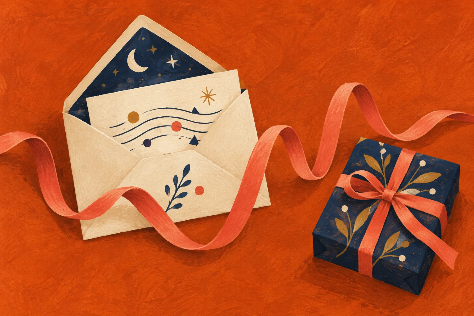 Gemalter Umschlag, Band und Geschenkpaket