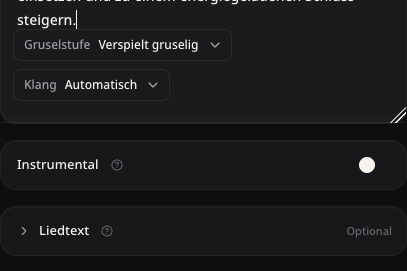 Echte Auswahl von Gruselstufe und Klang über dem Instrumental-Schalter mit Erklärung