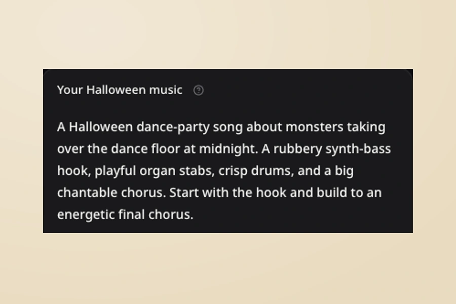 The real Halloween music description field filled with a monster-party idea