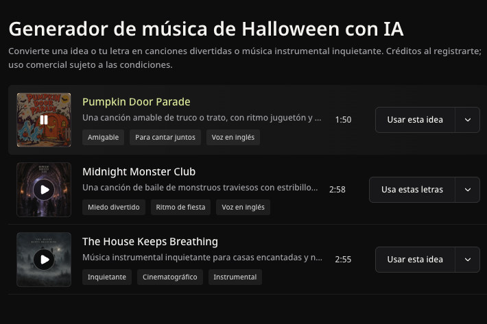 Ejemplo real en inglés Midnight Monster Club con controles de reproducción