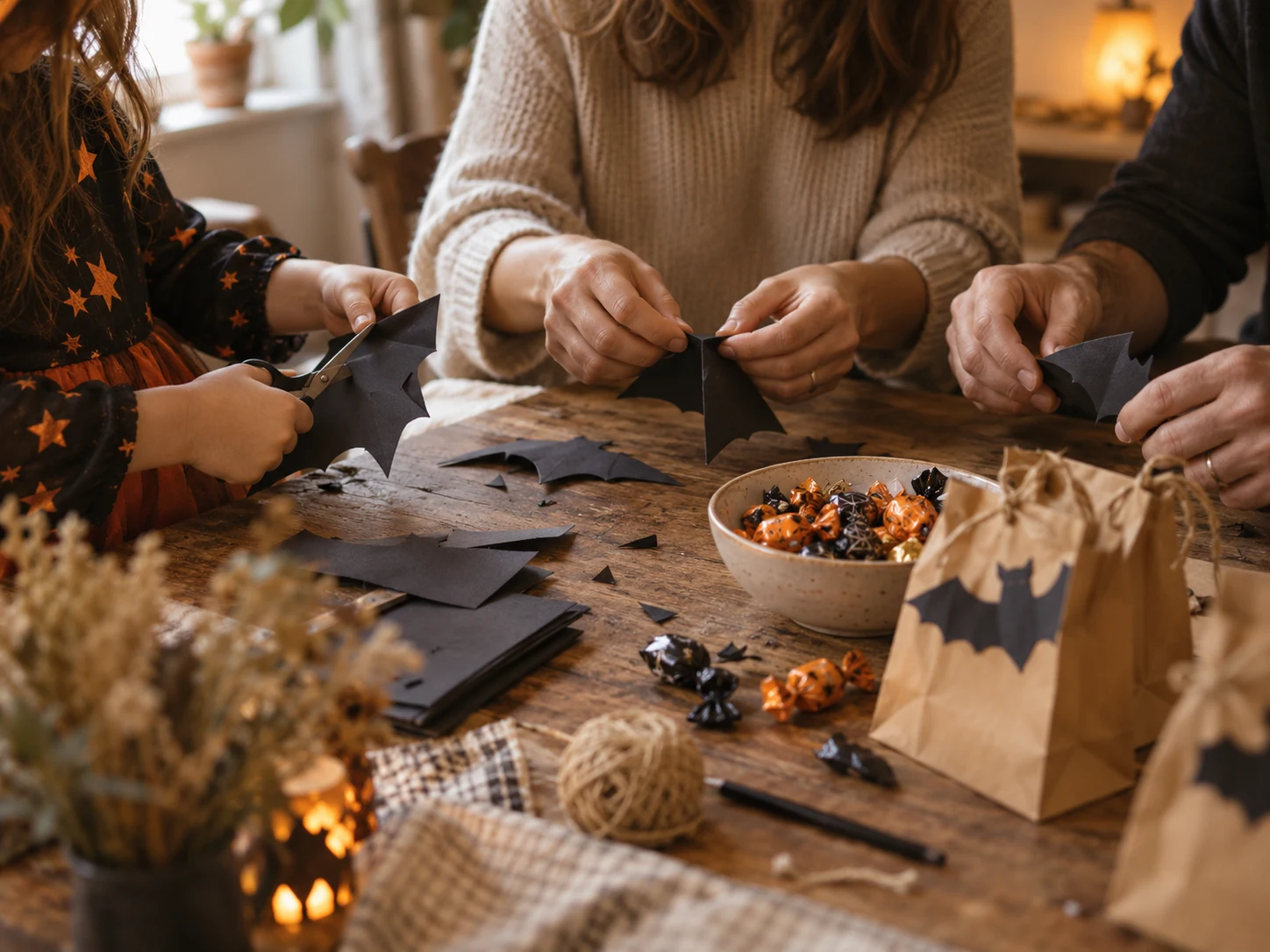 Family hands making paper bats and preparing trick-or-treat bags at a wooden table