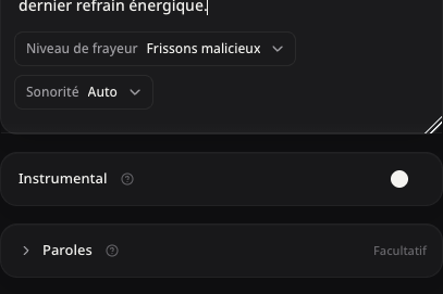 Véritables choix de niveau de frayeur et de sonorité au-dessus de l’option Instrumental et de son aide