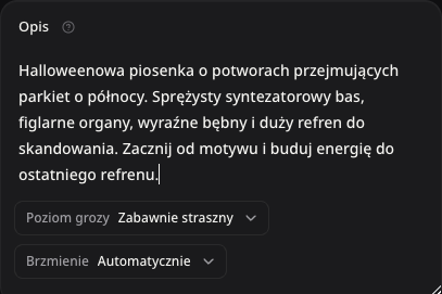 Rzeczywiste pole opisu wypełnione pomysłem na imprezę potworów