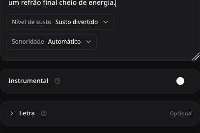 Seletores reais de nível de susto e sonoridade acima da opção Instrumental e sua explicação