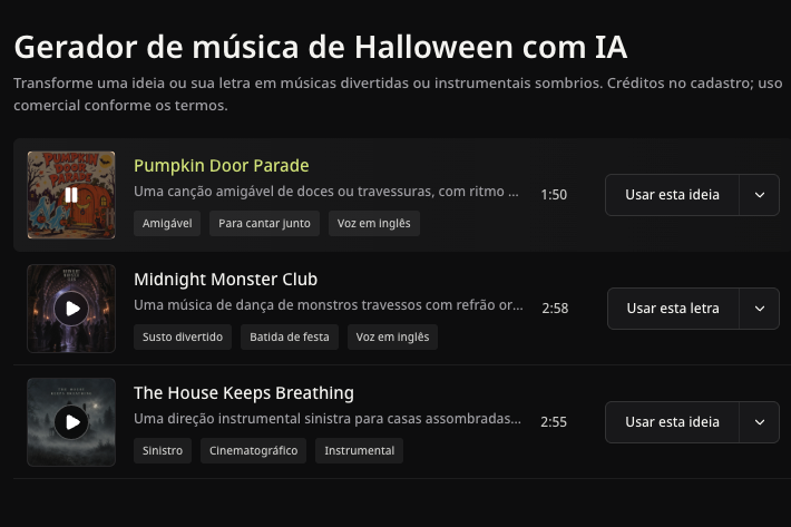 Exemplo real em inglês Midnight Monster Club com controles de reprodução