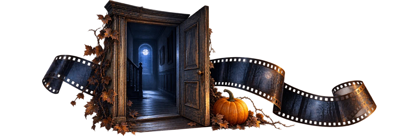 A moonlit haunted doorway, a curling film strip and an amber pumpkin in an original soundtrack collage