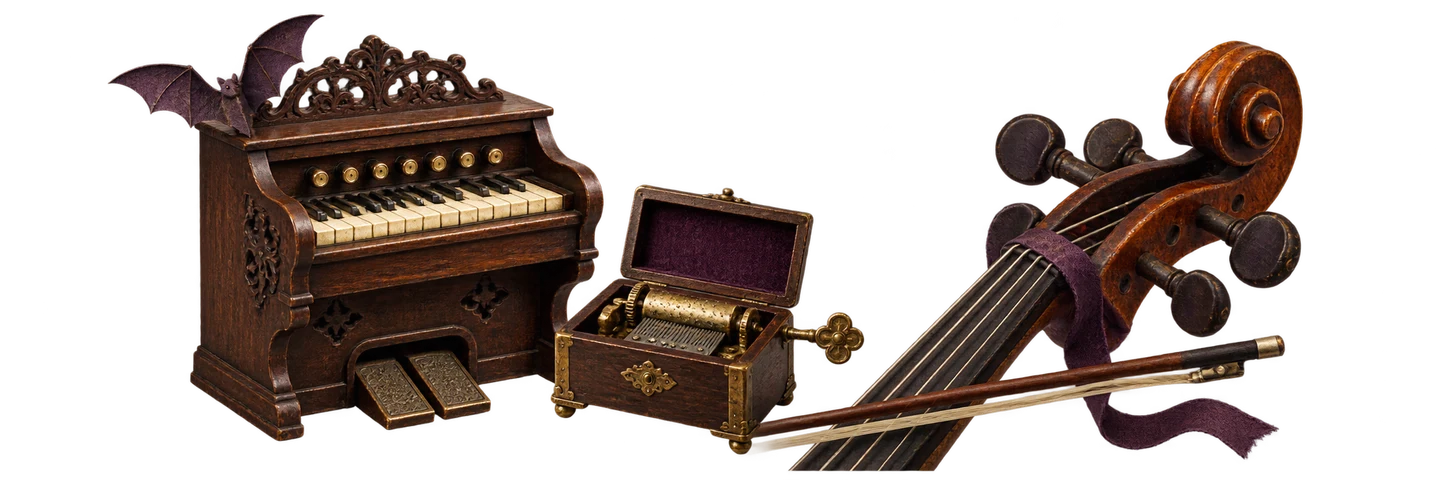 An antique organ, mechanical music box and bowed strings in an original Halloween sound collage