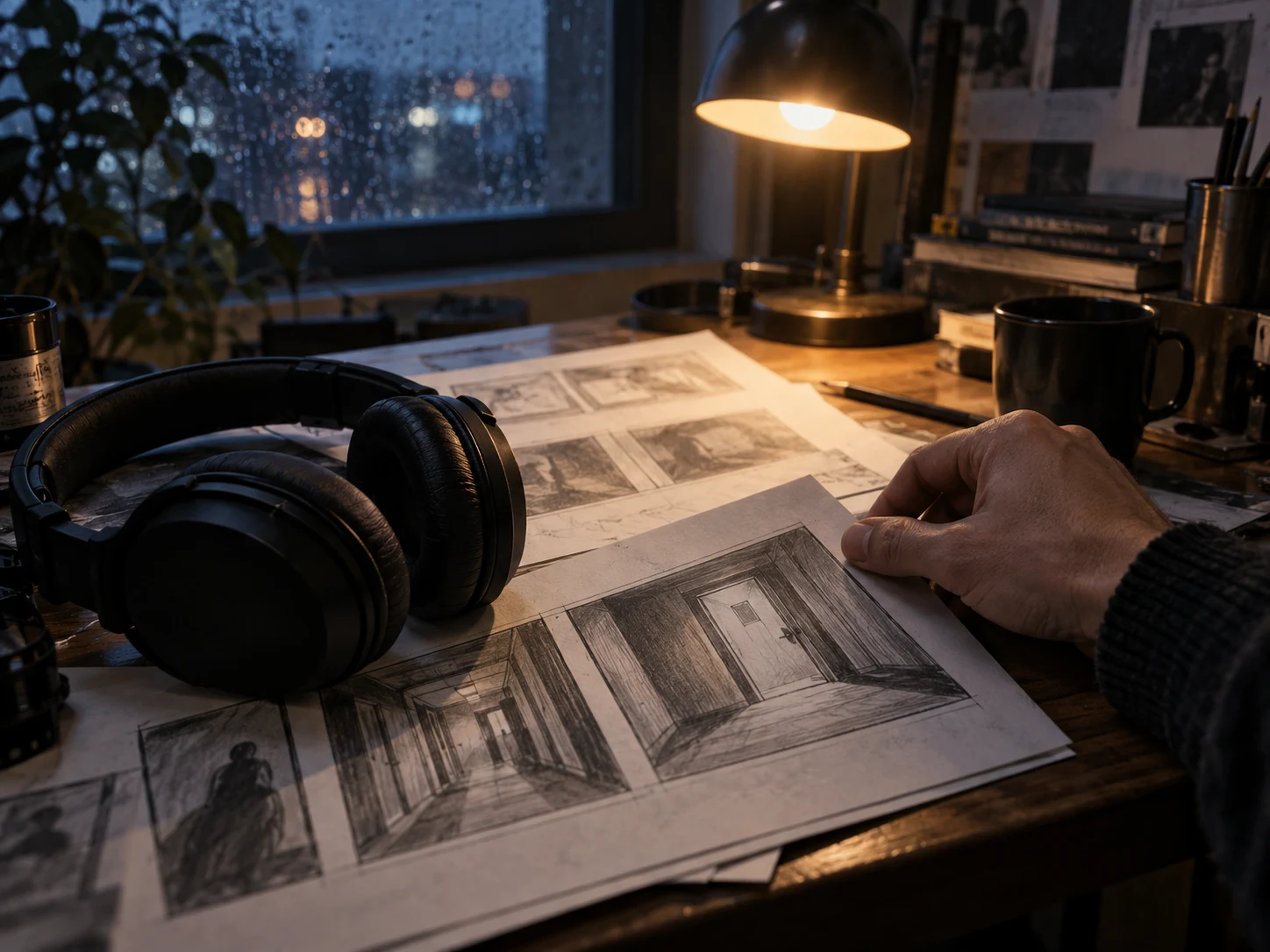 A filmmaker reviewing paper storyboards beside headphones and a warm desk lamp