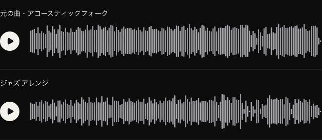 既存の公開英語曲の原曲とジャズアレンジを比べる日本語版の試聴欄