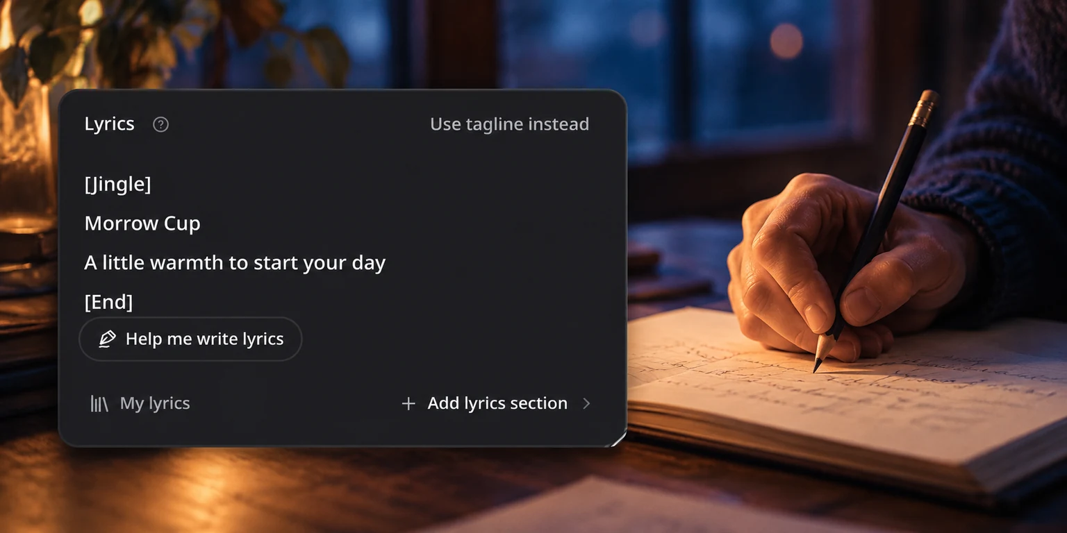 Illustrative lyrics editor beside a songwriter writing in a notebook