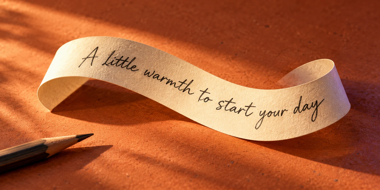 A handwritten tagline flowing across a curled cream paper strip