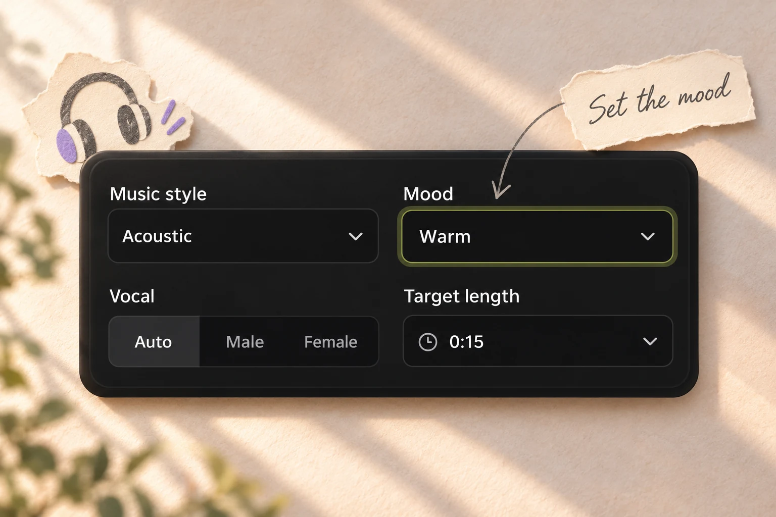 Illustrated real controls with Acoustic, Warm, Auto vocal and a 15-second target