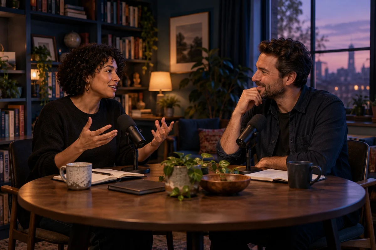 Illustrative podcast hosts in conversation