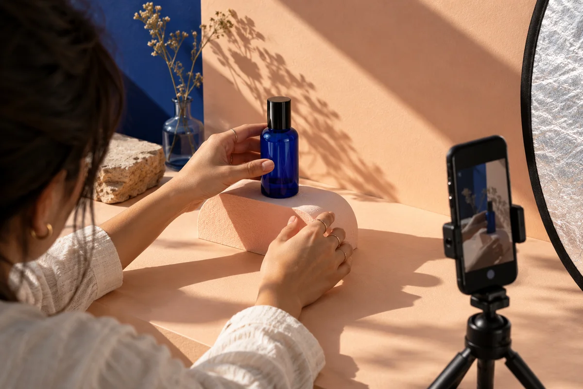 Illustrative creator filming a product on a tabletop