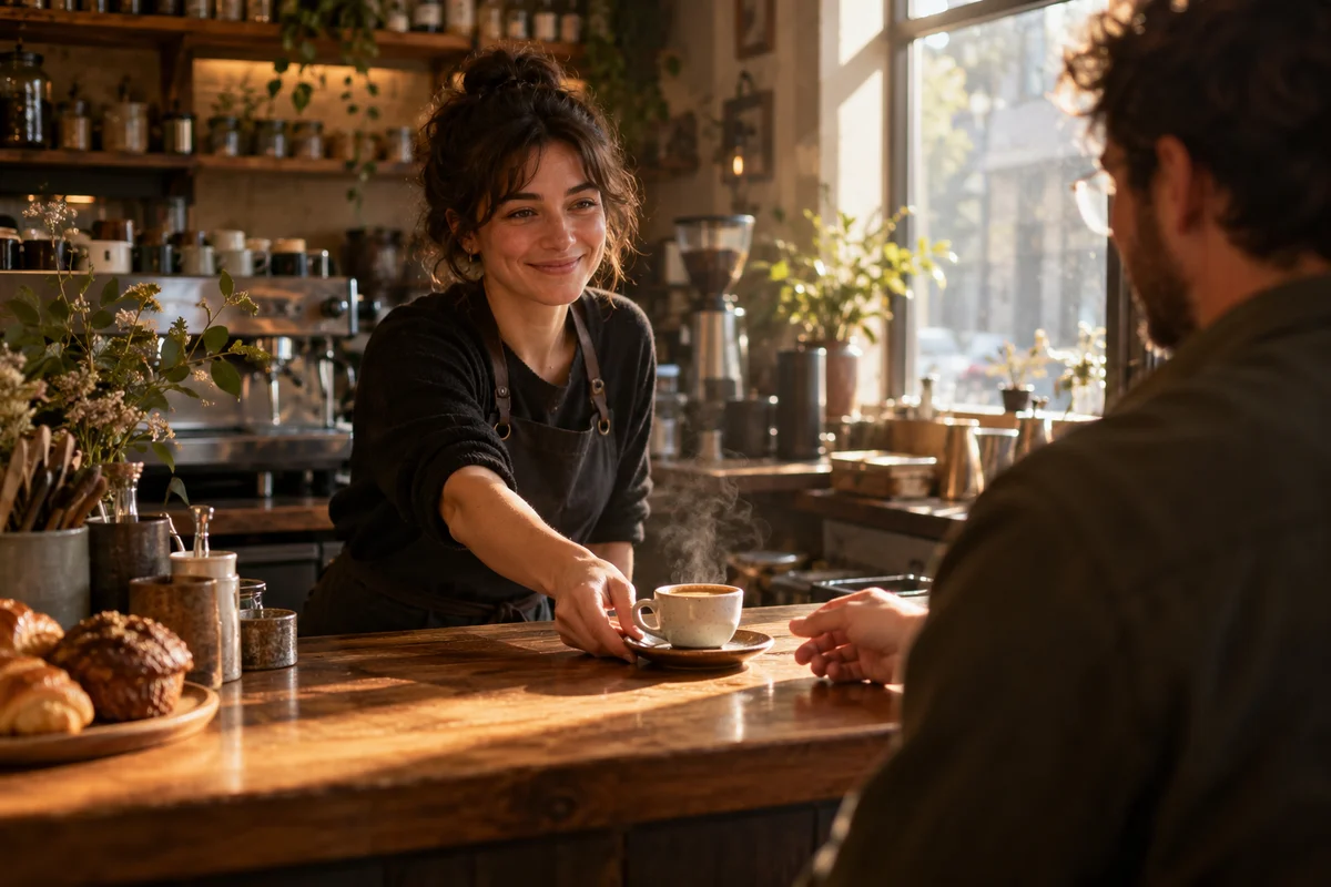 Illustrative coffee shop greeting a customer