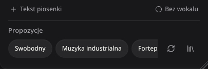 Polskie opcje tekstu, podkładu i stylu w formularzu tworzenia muzyki.