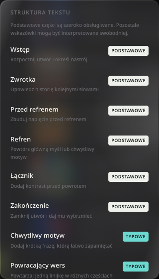 Rzeczywiste menu dodawania części piosenki z polskimi objaśnieniami.