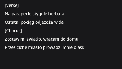 Oryginalne polskie wersy wpisane do rzeczywistego pola tekstu piosenki, przed wysłaniem.