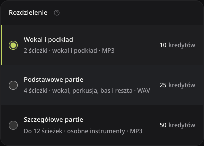 Podział na wokal i podkład oraz koszt zadania w kredytach.