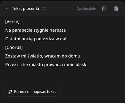 Opcjonalny tekst piosenki z oryginalnymi polskimi wersami, przed wysłaniem.