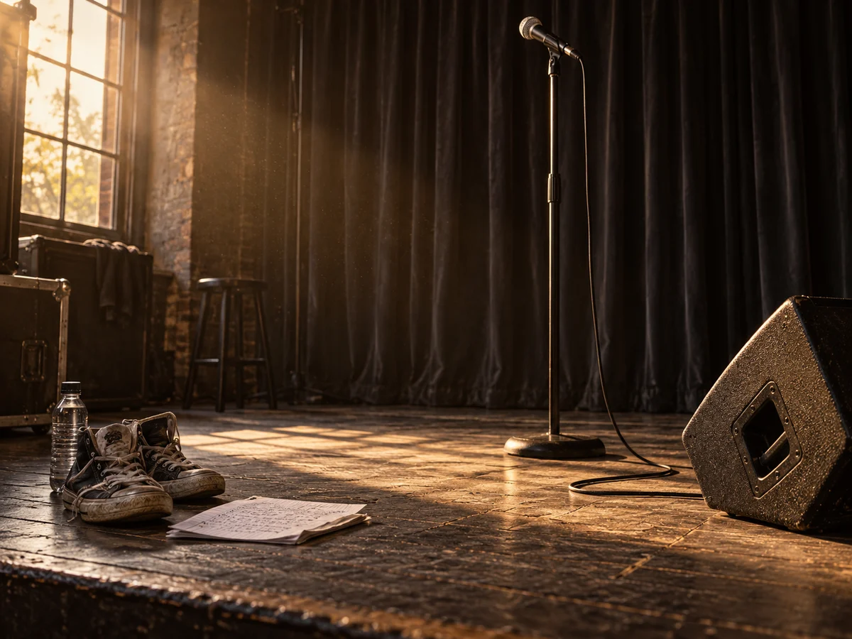 A rehearsal microphone and lyric page in warm stage light
