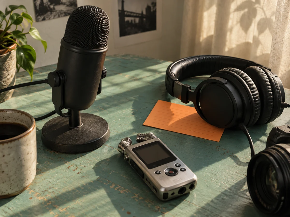 A microphone, headphones and recorder on a creator’s desk