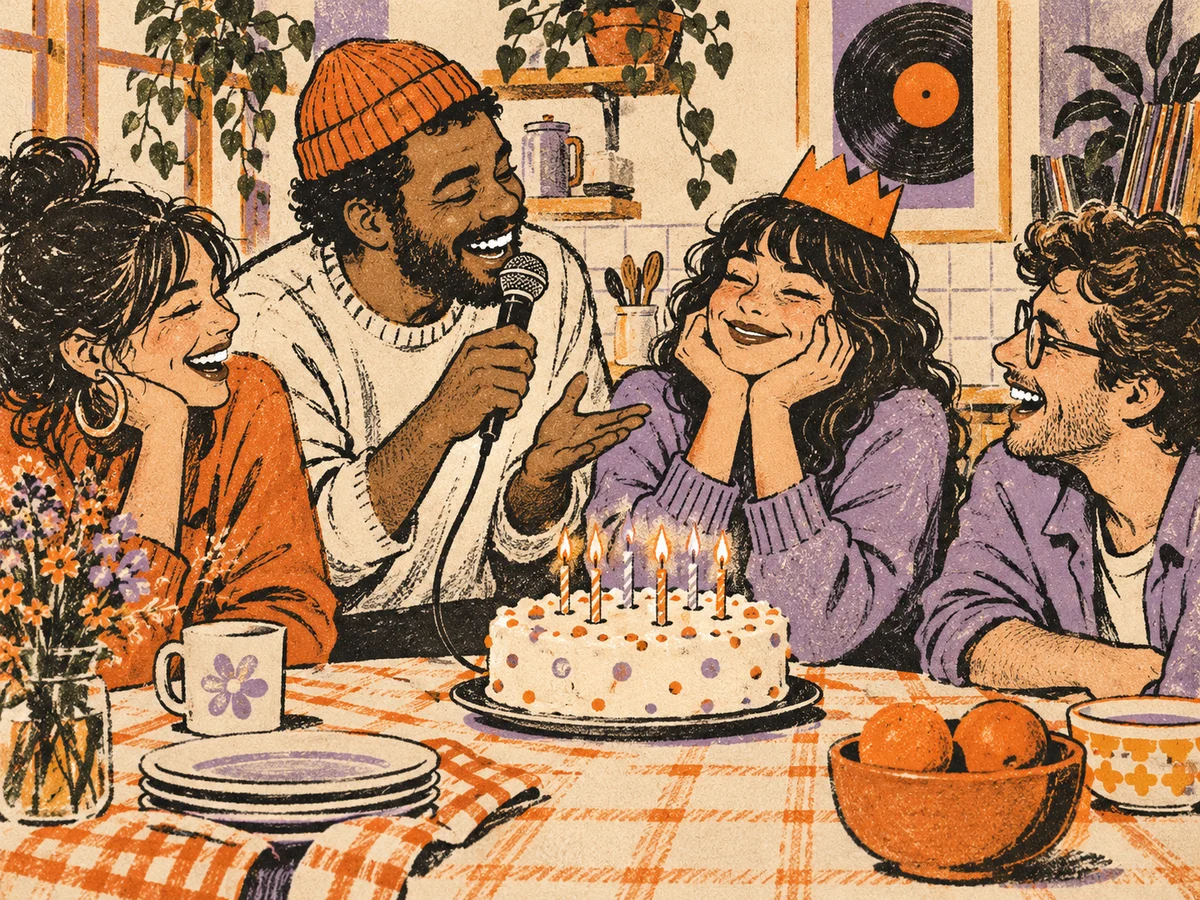 Friends laughing together during a birthday rap