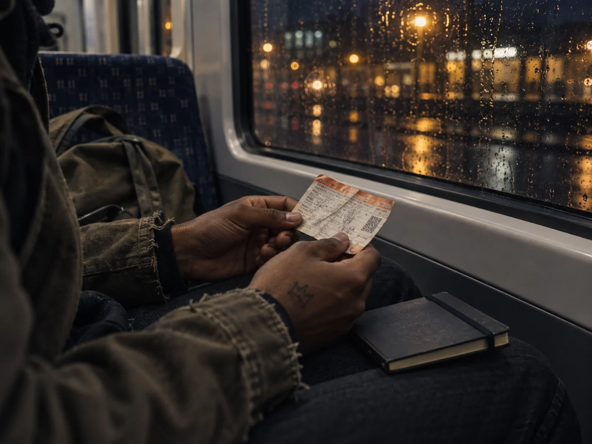 A train ticket and notebook on a rainy night commute