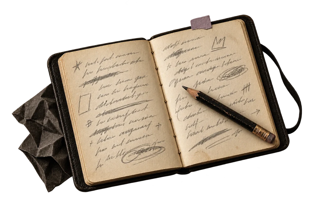 Open songwriting notebook with a pencil and handwritten marks