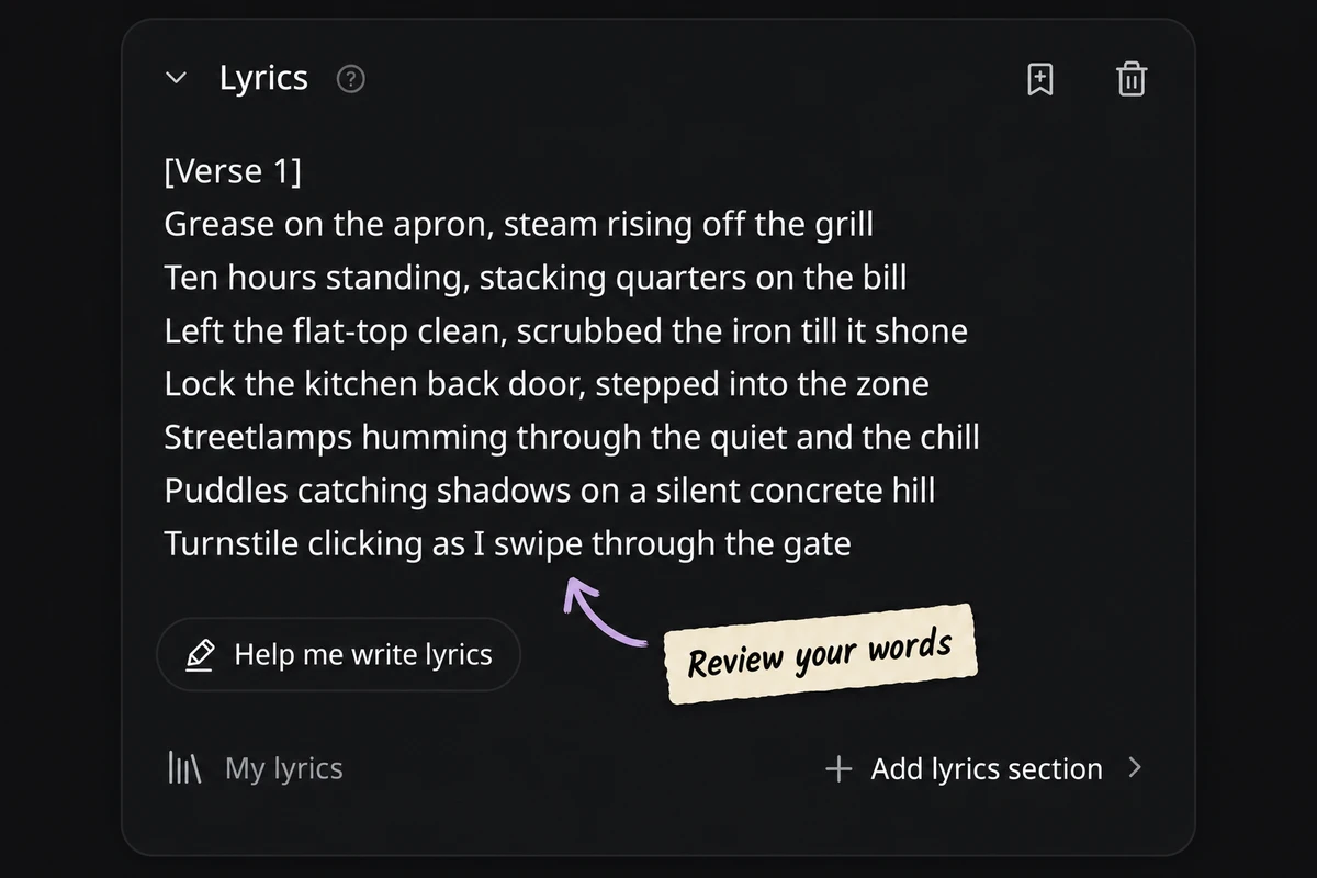 Editable Rap lyrics field with section labels