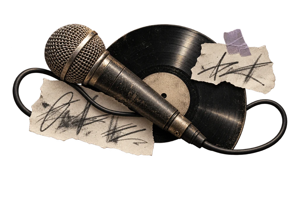 Vintage microphone, vinyl record and torn writing scraps